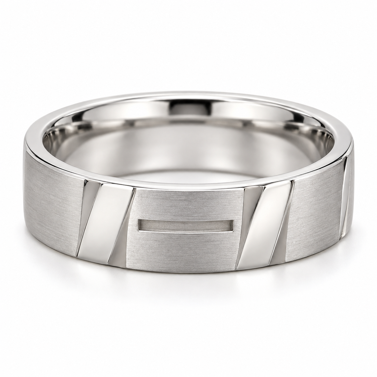 [metal:white-gold] Maelor Facet-Slot Band — front — Mens closed continuous 6 mm wide band with alternating broad flat satin rectangular planes and short polished diagonal bevel planes around outer circumference. One narrow shallow rectangular recessed slot at centre front only, not a through-hole. Smooth circular comfort-fit inner bore. No stones. [catalog-v4]