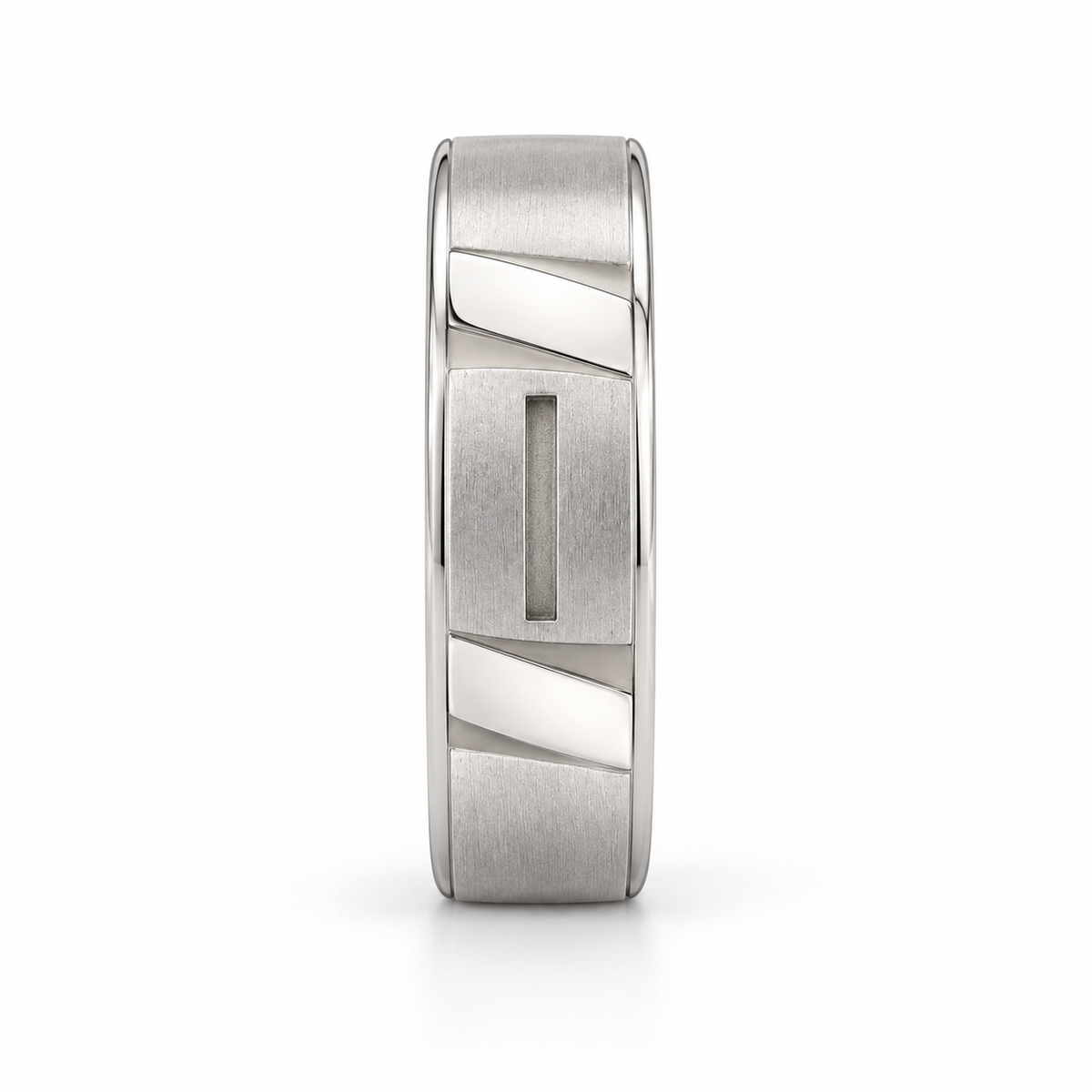 [metal:white-gold] Maelor Facet-Slot Band — edge-profile — Same design shown edge profile [catalog-v4]