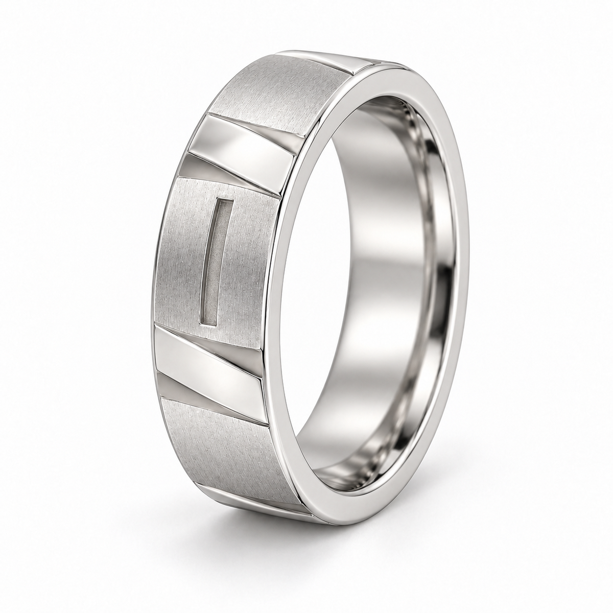 [metal:white-gold] Maelor Facet-Slot Band — oblique — Same design shown oblique [catalog-v4]