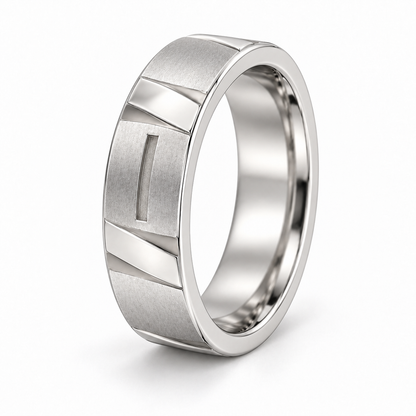[metal:white-gold] Maelor Facet-Slot Band — oblique — Same design shown oblique [catalog-v4]