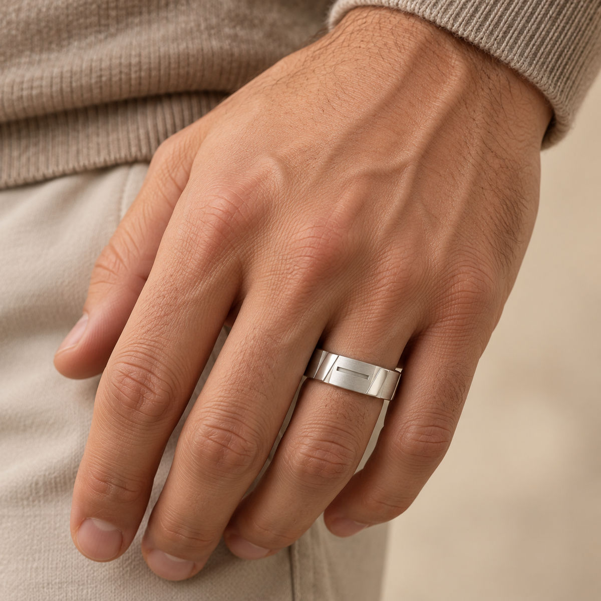 [metal:white-gold] Maelor Facet-Slot Band — worn — Same design shown worn [catalog-v4]
