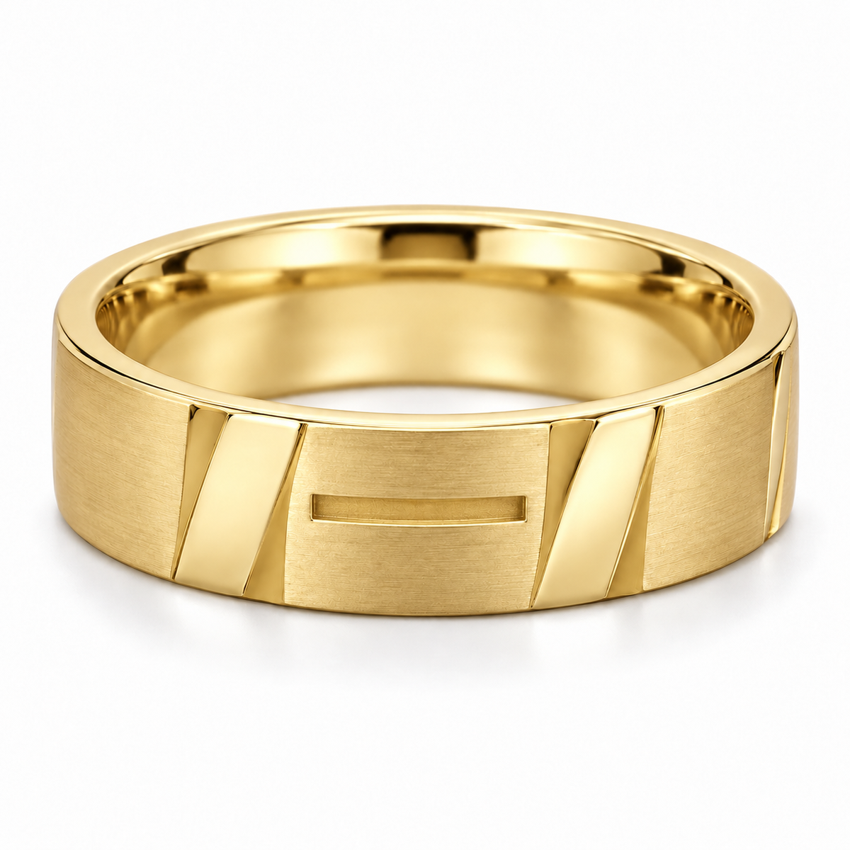 [metal:yellow-gold] Maelor Facet-Slot Band — front — Mens closed continuous 6 mm wide band with alternating broad flat satin rectangular planes and short polished diagonal bevel planes around outer circumference. One narrow shallow rectangular recessed slot at centre front only, not a through-hole. Smooth circular comfort-fit inner bore. No stones. [catalog-v4]