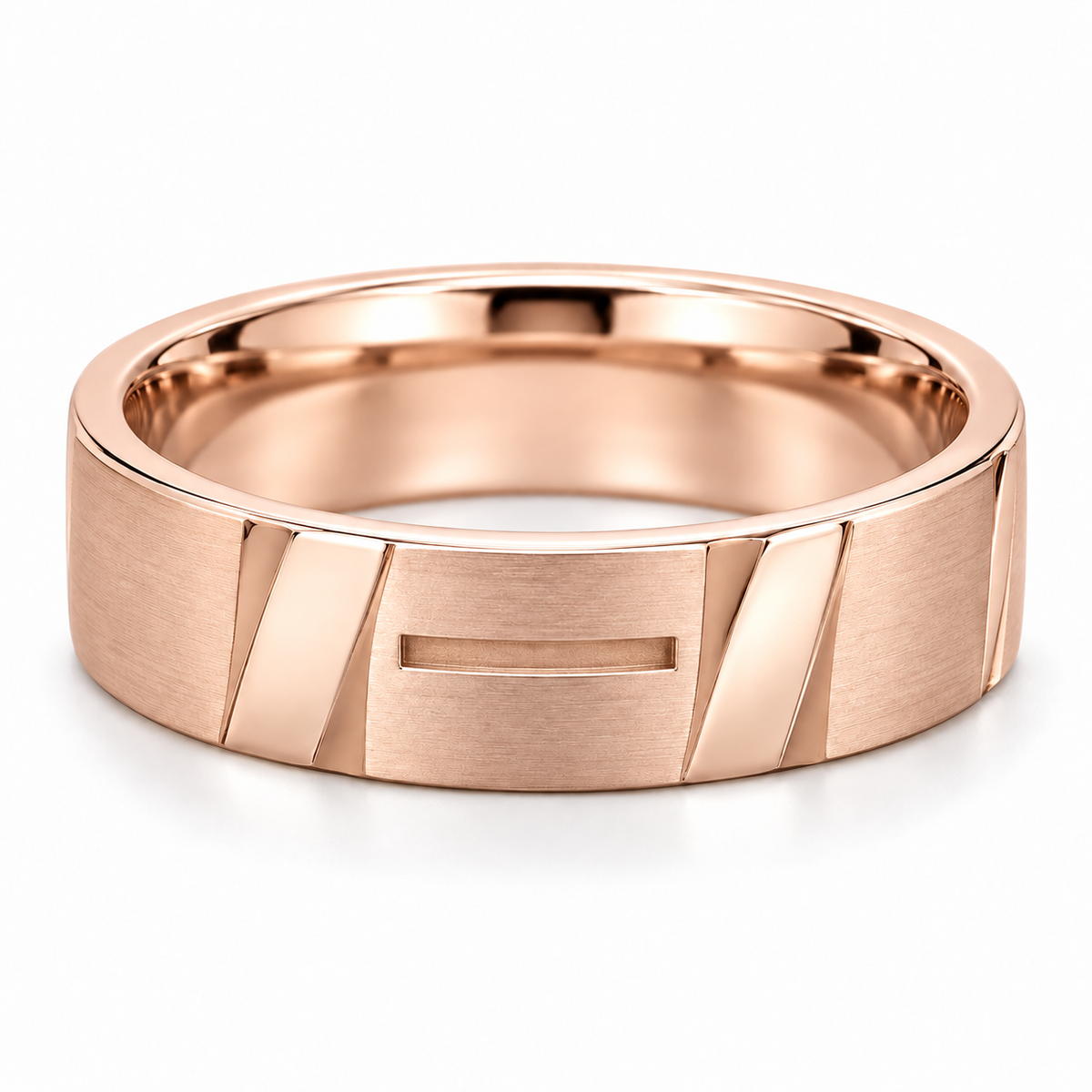 [metal:rose-gold] Maelor Facet-Slot Band — front — Mens closed continuous 6 mm wide band with alternating broad flat satin rectangular planes and short polished diagonal bevel planes around outer circumference. One narrow shallow rectangular recessed slot at centre front only, not a through-hole. Smooth circular comfort-fit inner bore. No stones. [catalog-v4]