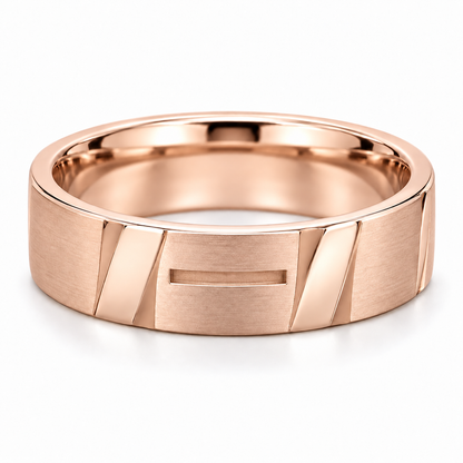 [metal:rose-gold] Maelor Facet-Slot Band — front — Mens closed continuous 6 mm wide band with alternating broad flat satin rectangular planes and short polished diagonal bevel planes around outer circumference. One narrow shallow rectangular recessed slot at centre front only, not a through-hole. Smooth circular comfort-fit inner bore. No stones. [catalog-v4]