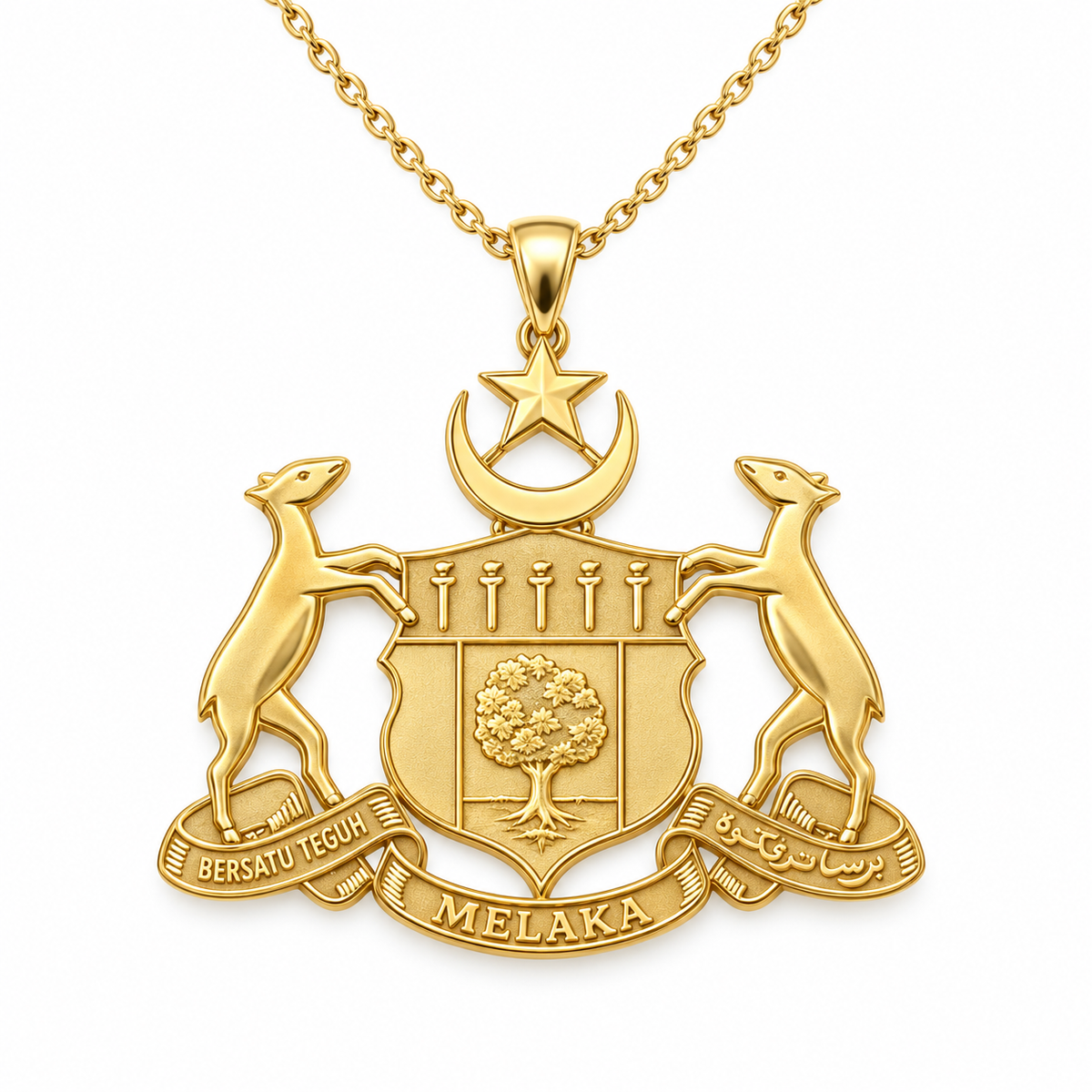 Melaka Emblem Pendant — front, yellow gold; any chain shown is an optional styling accessory