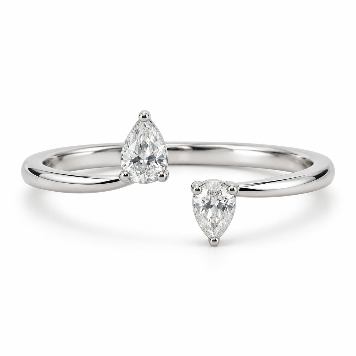 [metal:white-gold] Maribel Pear Duo Ring — front — slender open polished ring with two modest pear diamonds at opposing tips, one pear points up other down, front view [catalog-v4]