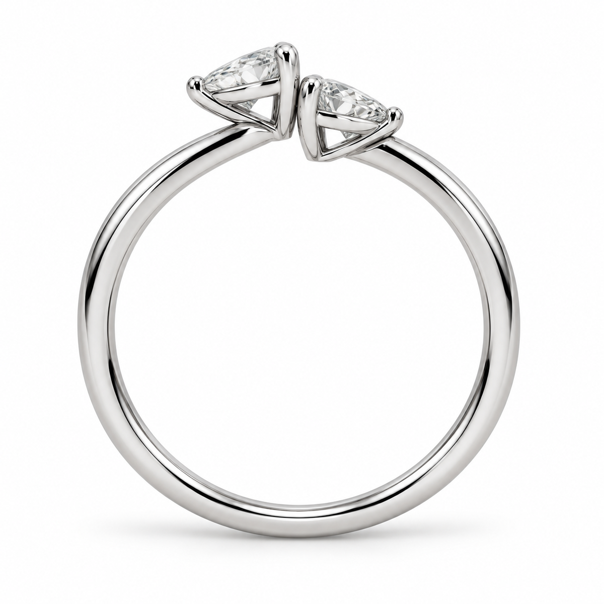 [metal:white-gold] Maribel Pear Duo Ring — top — slender open polished ring with two modest pear diamonds at opposing tips, one pear points up other down, top view [catalog-v4]