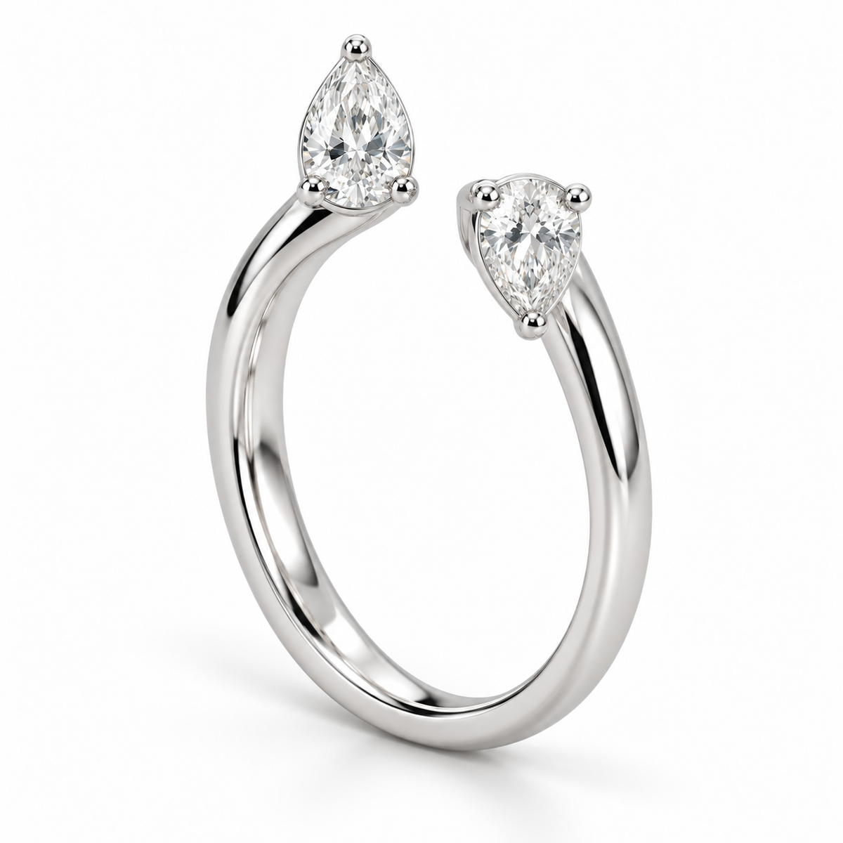 [metal:white-gold] Maribel Pear Duo Ring — three-quarter — slender open polished ring with two modest pear diamonds at opposing tips, one pear points up other down, three-quarter view [catalog-v4]
