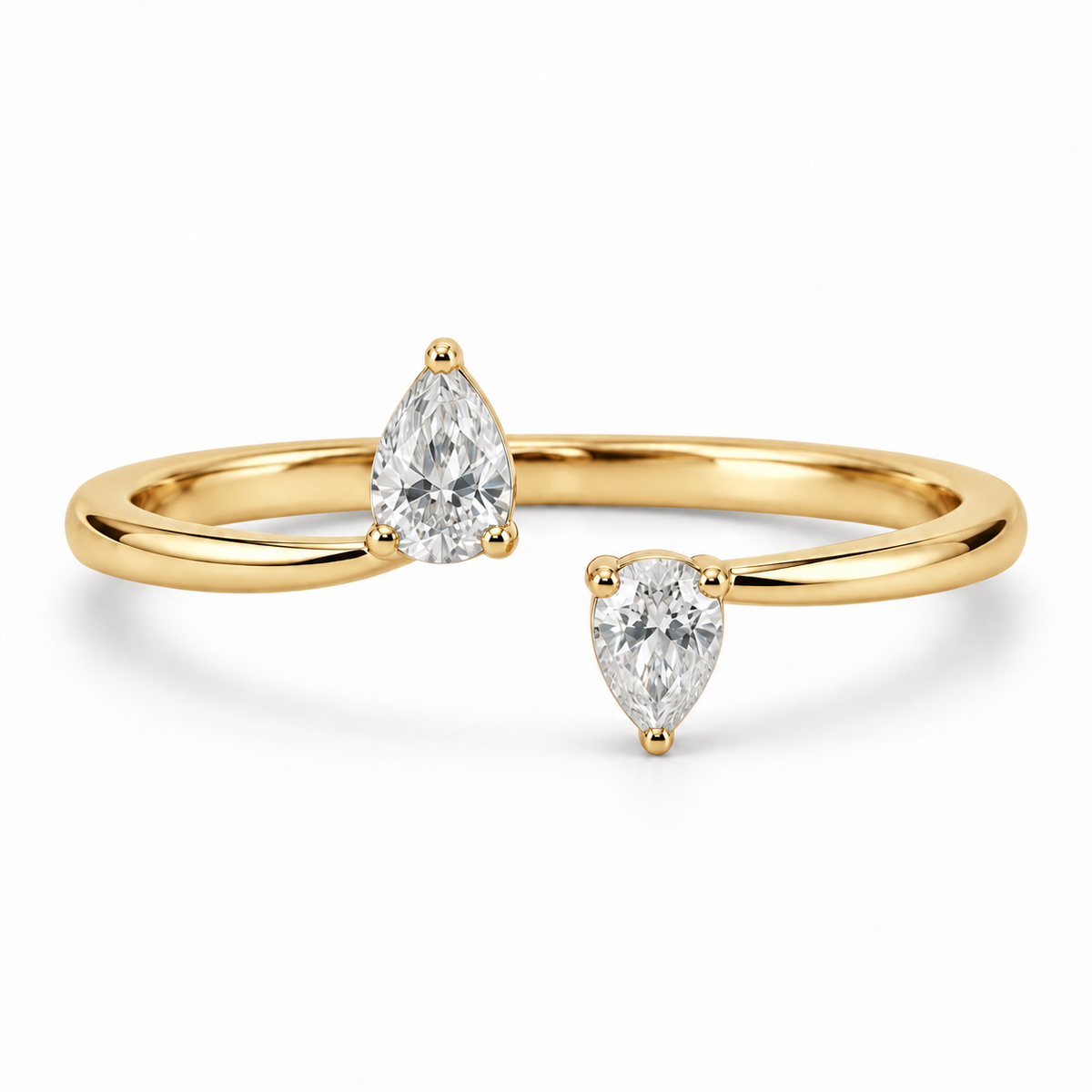 [metal:yellow-gold] Maribel Pear Duo Ring — front — slender open polished ring with two modest pear diamonds at opposing tips, one pear points up other down, front view [catalog-v4]