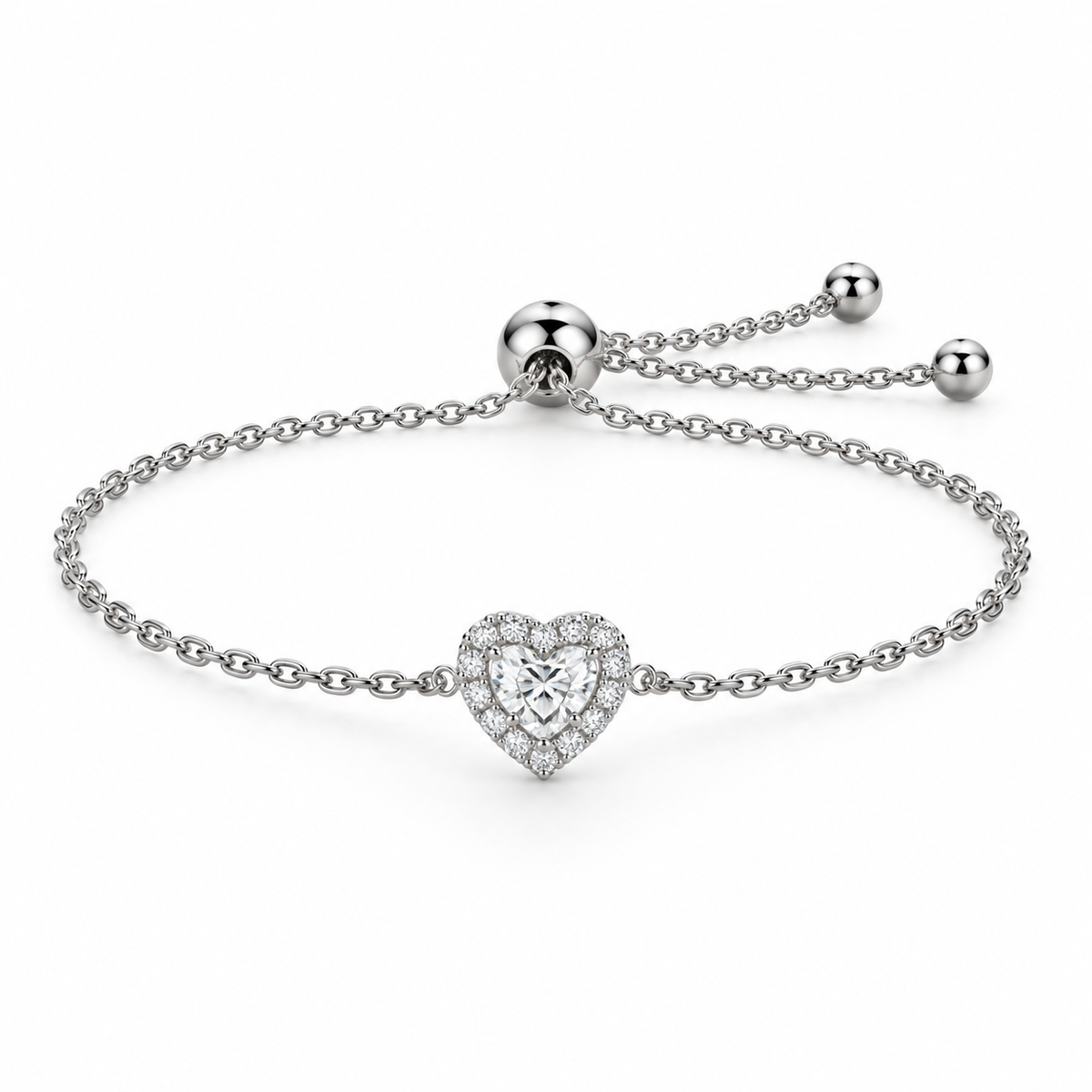[metal:white-gold] Maristella Heart Bracelet — front — Heart halo adjustable chain bracelet, low oblique studio view [catalog-v4]
