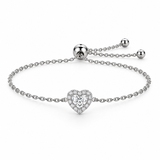 [metal:white-gold] Maristella Heart Bracelet — front — Heart halo adjustable chain bracelet, low oblique studio view [catalog-v4]