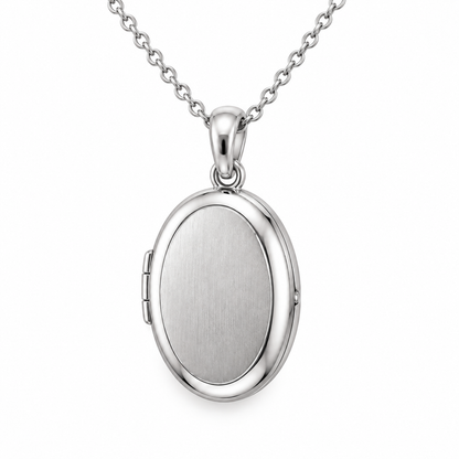 [metal:white-gold] Meliora Oval Locket Necklace — three-quarter — Meliora Oval Locket Necklace three-quarter design illustration [catalog-v4]