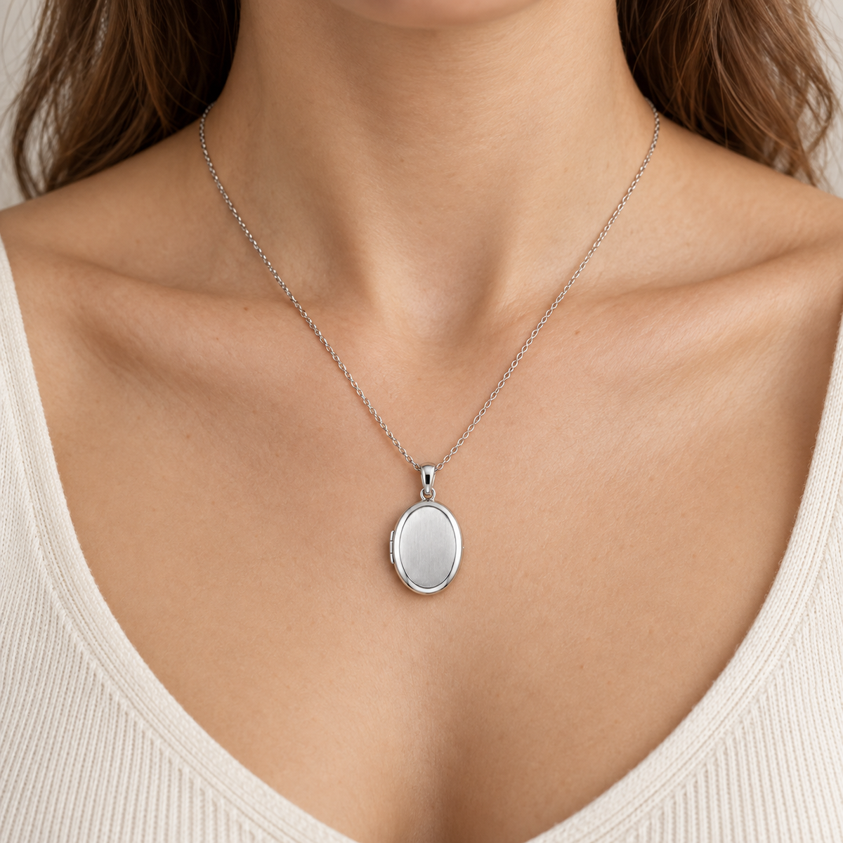 [metal:all] Meliora Oval Locket Necklace — worn — Human-worn styling illustration [catalog-v4]