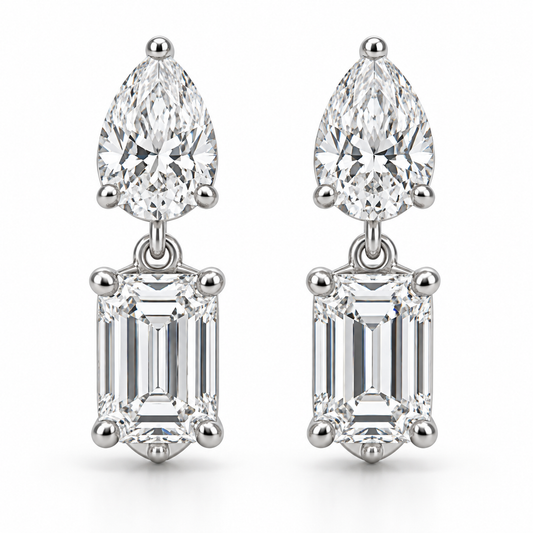 [metal:white-gold] Mirabelle Toi et Moi Drops — front — Pear and emerald-cut diamond drops, front view [catalog-v4]