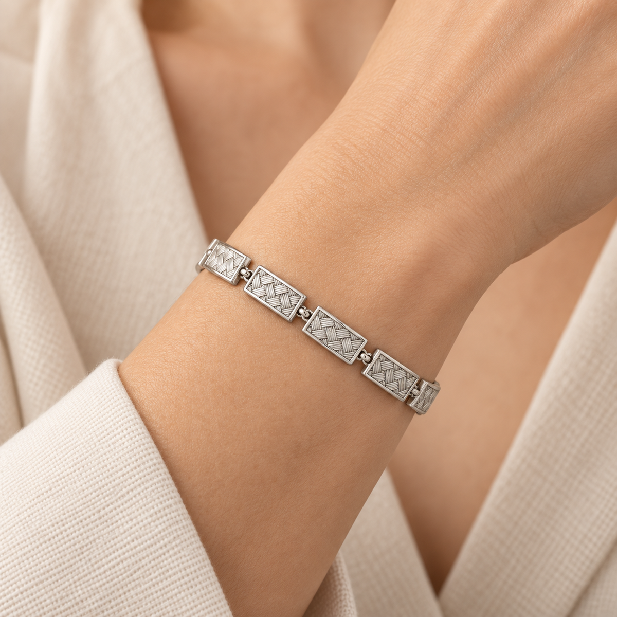 [metal:white-gold] Miravelle Woven-Panel Bracelet — worn — Same design shown worn [catalog-v4]