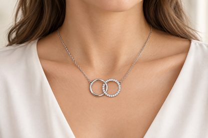 [metal:all] Mirelle Double Circle Necklace — worn — Human-worn styling illustration [catalog-v4]