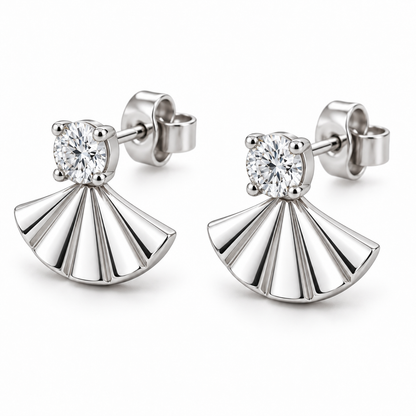 [metal:white-gold] Nerelle Pleated Fan Earrings — three-quarter — Nerelle Pleated Fan Earrings three-quarter design illustration [catalog-v4]