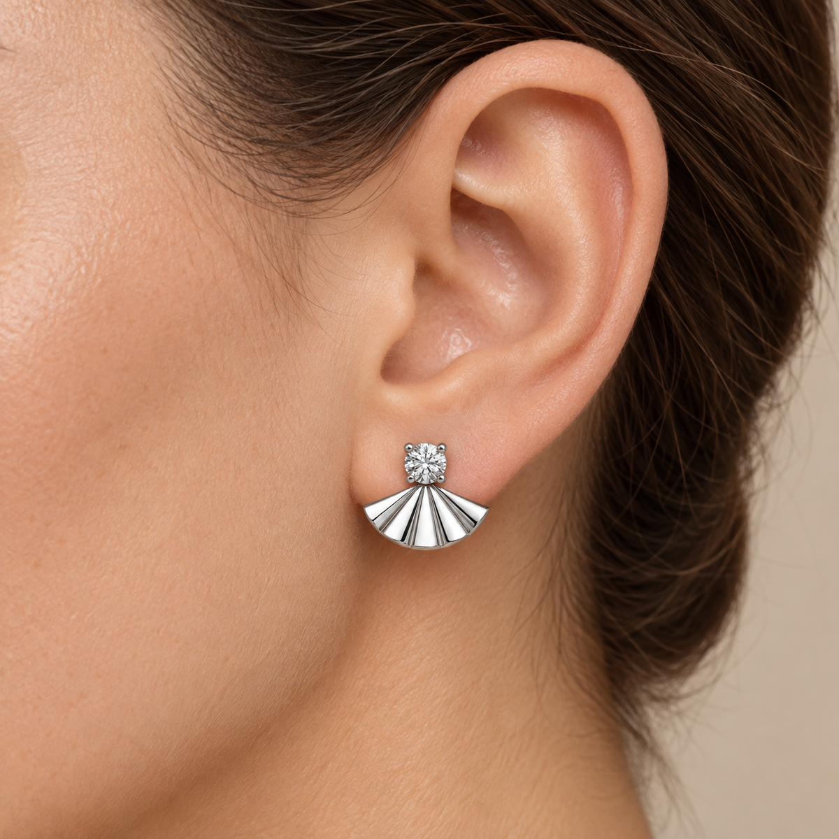 [metal:all] Nerelle Pleated Fan Earrings — worn — Human-worn styling illustration [catalog-v4]
