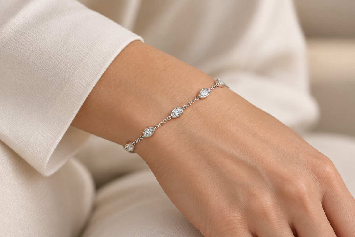 [metal:all] Nerida Marquise Station Bracelet — worn — Human-worn styling illustration [catalog-v4]