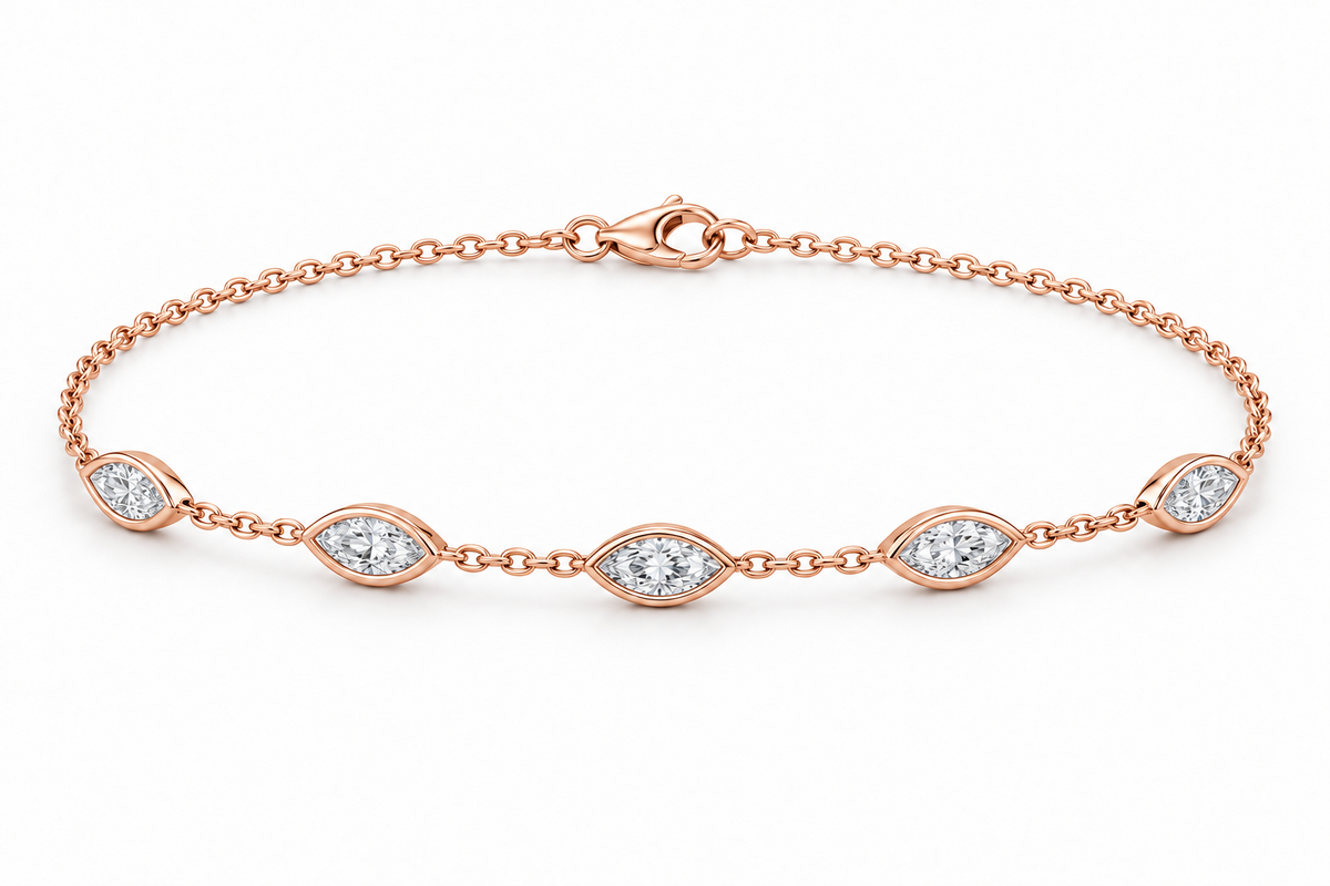 [metal:rose-gold] Nerida Marquise Station Bracelet — front — fine cable-chain bracelet with exactly five spaced east-west marquise diamond bezel stations, front view [catalog-v4]