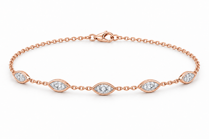 [metal:rose-gold] Nerida Marquise Station Bracelet — front — fine cable-chain bracelet with exactly five spaced east-west marquise diamond bezel stations, front view [catalog-v4]