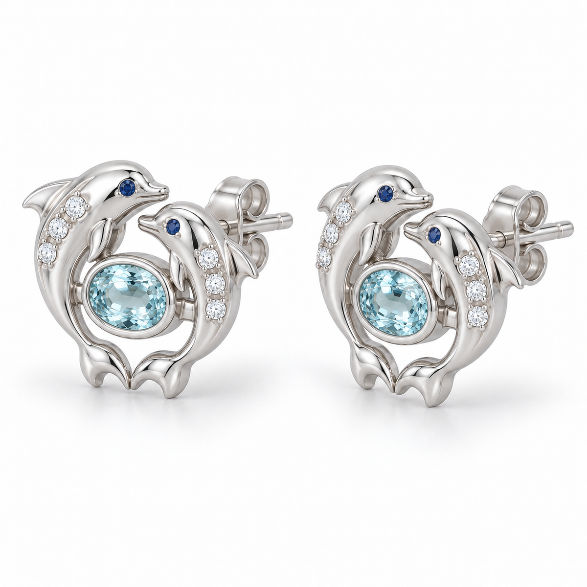 Nerisse Dolphin Duet Studs — alternate view with construction — [metal:all]