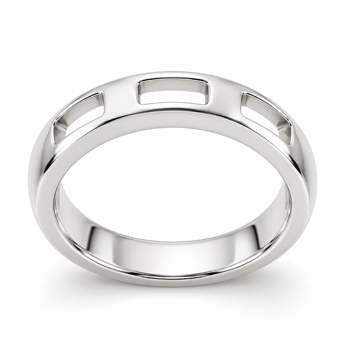 [metal:white-gold] Nevielle Crest-Window Band — front — Womens closed continuous 3.5 mm wedding band with exactly three small rectangular open windows across upper half, separated by smooth solid low rounded arches. Solid lower half, narrow polished edges, smooth circular inner bore. No diamonds. [catalog-v4]