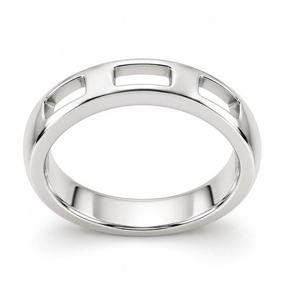[metal:white-gold] Nevielle Crest-Window Band — front — Womens closed continuous 3.5 mm wedding band with exactly three small rectangular open windows across upper half, separated by smooth solid low rounded arches. Solid lower half, narrow polished edges, smooth circular inner bore. No diamonds. [catalog-v4]