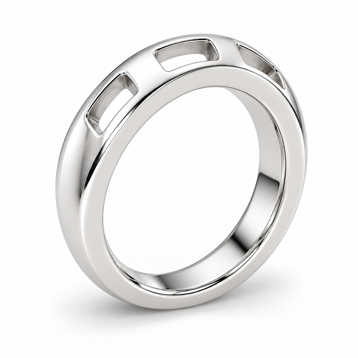 [metal:white-gold] Nevielle Crest-Window Band — oblique — Same design shown oblique [catalog-v4]