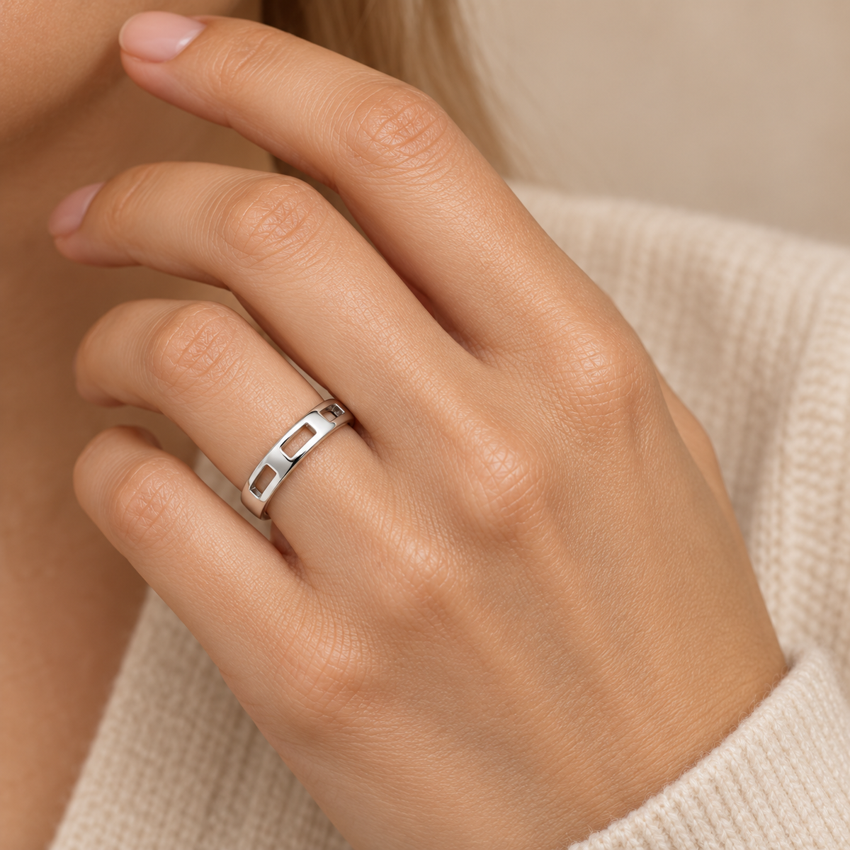 [metal:white-gold] Nevielle Crest-Window Band — worn — Same design shown worn [catalog-v4]