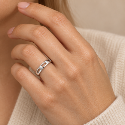 [metal:white-gold] Nevielle Crest-Window Band — worn — Same design shown worn [catalog-v4]