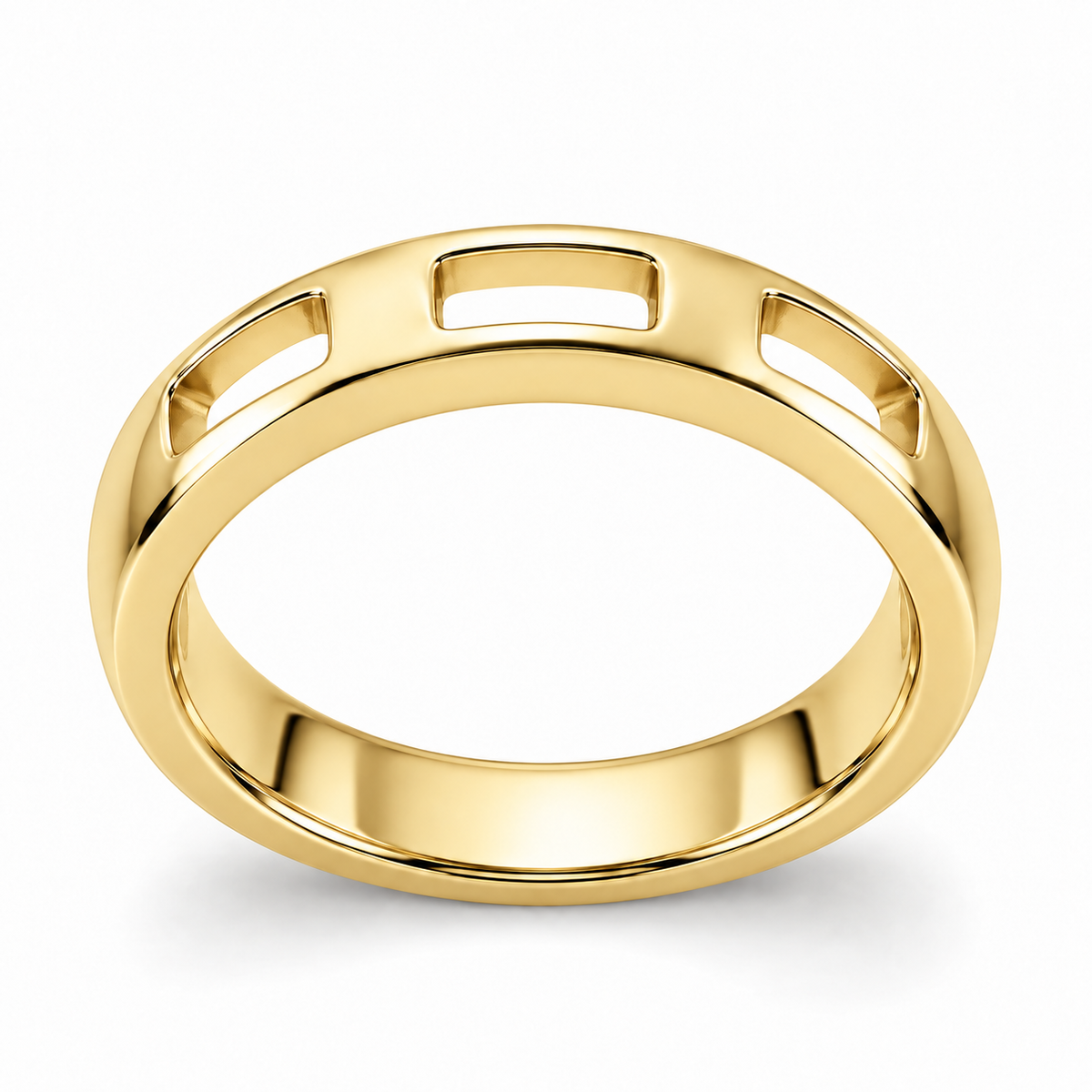 [metal:yellow-gold] Nevielle Crest-Window Band — front — Womens closed continuous 3.5 mm wedding band with exactly three small rectangular open windows across upper half, separated by smooth solid low rounded arches. Solid lower half, narrow polished edges, smooth circular inner bore. No diamonds. [catalog-v4]
