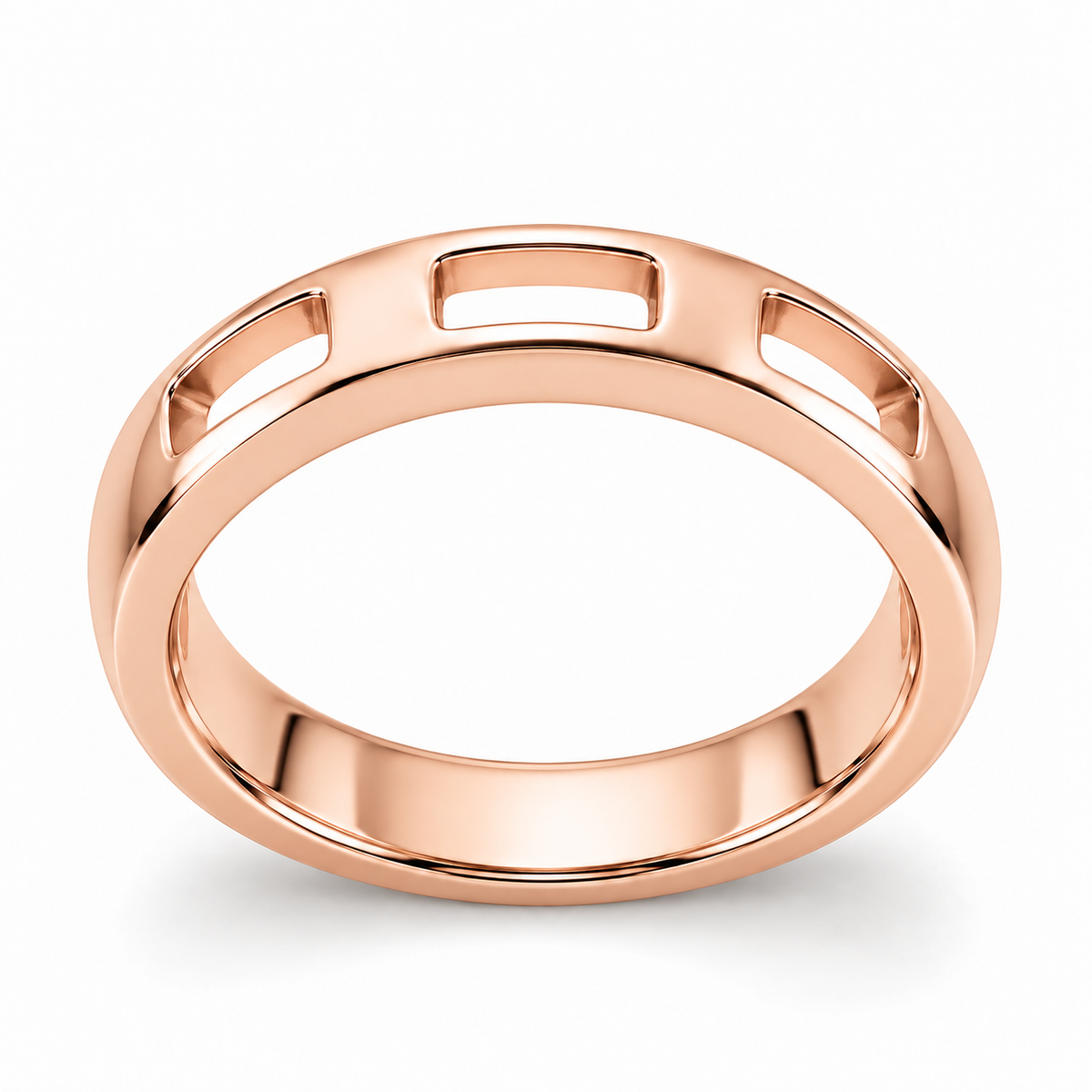 [metal:rose-gold] Nevielle Crest-Window Band — front — Womens closed continuous 3.5 mm wedding band with exactly three small rectangular open windows across upper half, separated by smooth solid low rounded arches. Solid lower half, narrow polished edges, smooth circular inner bore. No diamonds. [catalog-v4]