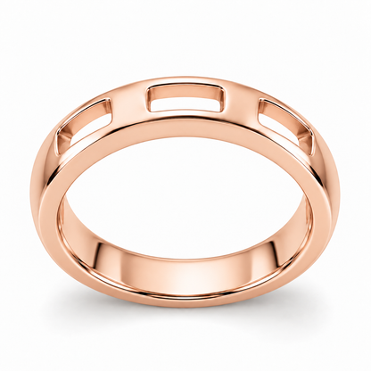 [metal:rose-gold] Nevielle Crest-Window Band — front — Womens closed continuous 3.5 mm wedding band with exactly three small rectangular open windows across upper half, separated by smooth solid low rounded arches. Solid lower half, narrow polished edges, smooth circular inner bore. No diamonds. [catalog-v4]
