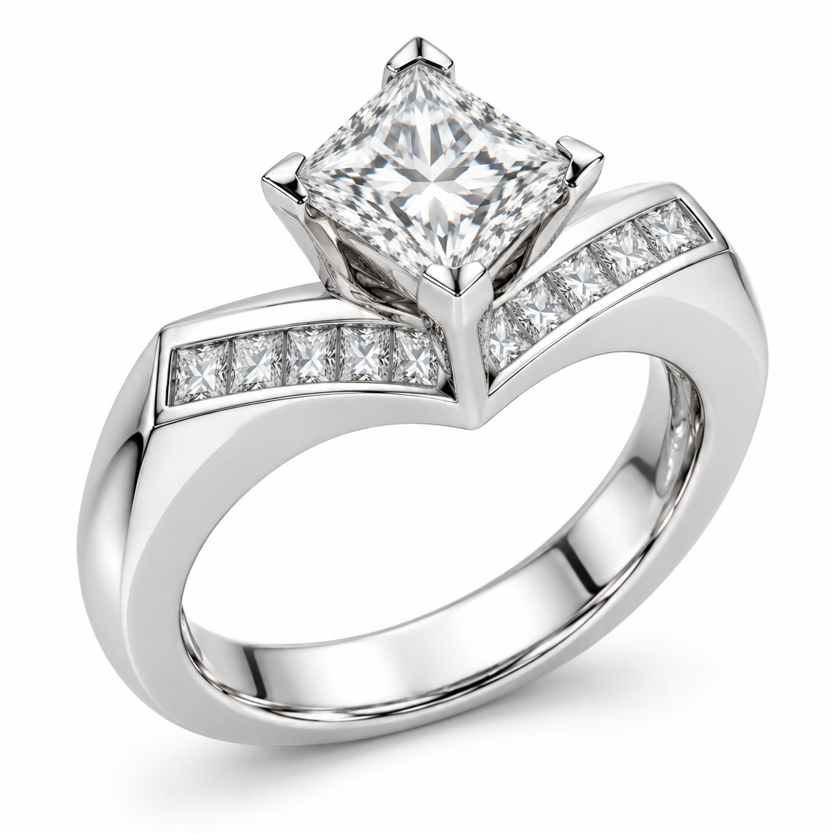 [metal:white-gold] Nivelle Chevron-Channel Setting — three-quarter — Original setting design illustration [catalog-v4]