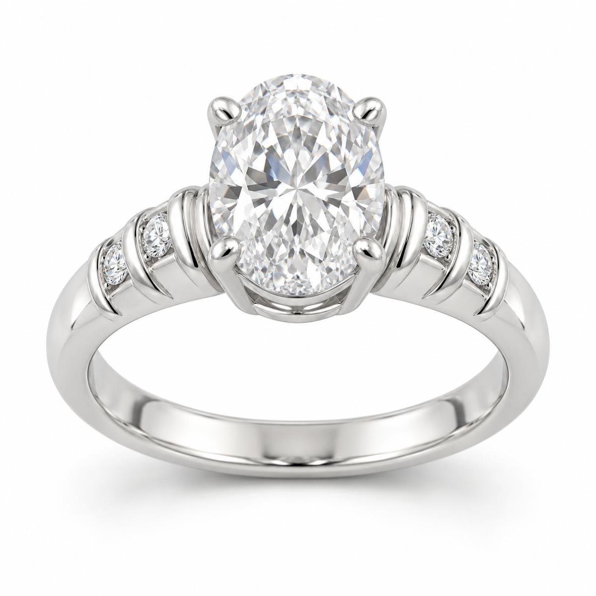 [metal:white-gold] Nolene Shutter Pave Setting — front — One oval centre in four claws on an open oval basket. Each solid tapered shoulder has three short transverse polished shutter ridges, with exactly one flush-set round diamond recessed between adjacent ridges: two accents per shoulder, four total. Plain lower shank. Ridges follow band curvature, not stacked floating bands. [catalog-v4]