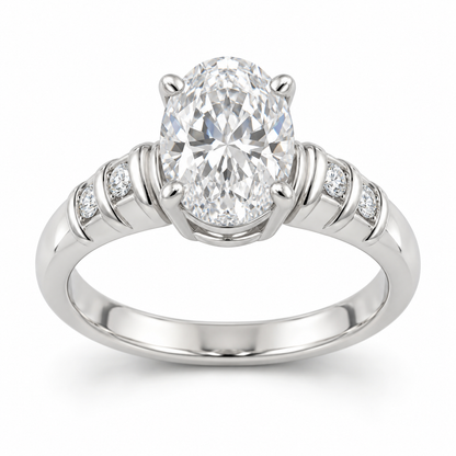[metal:white-gold] Nolene Shutter Pave Setting — front — One oval centre in four claws on an open oval basket. Each solid tapered shoulder has three short transverse polished shutter ridges, with exactly one flush-set round diamond recessed between adjacent ridges: two accents per shoulder, four total. Plain lower shank. Ridges follow band curvature, not stacked floating bands. [catalog-v4]
