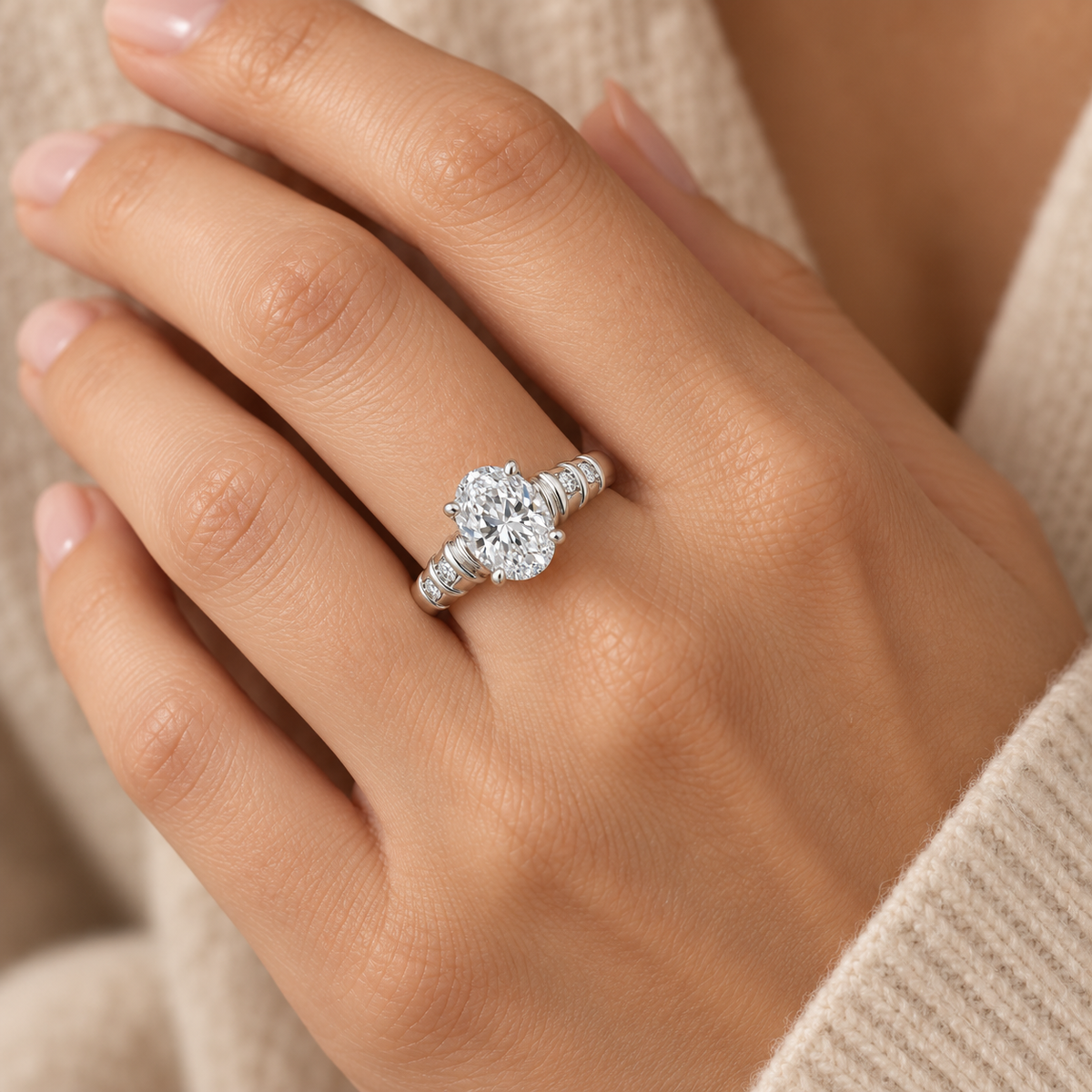 [metal:white-gold] Nolene Shutter Pave Setting — worn — Same design shown worn [catalog-v4]