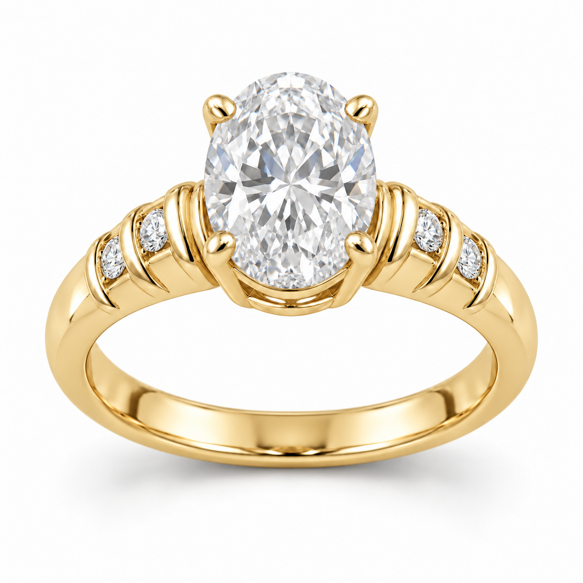 [metal:yellow-gold] Nolene Shutter Pave Setting — front — One oval centre in four claws on an open oval basket. Each solid tapered shoulder has three short transverse polished shutter ridges, with exactly one flush-set round diamond recessed between adjacent ridges: two accents per shoulder, four total. Plain lower shank. Ridges follow band curvature, not stacked floating bands. [catalog-v4]