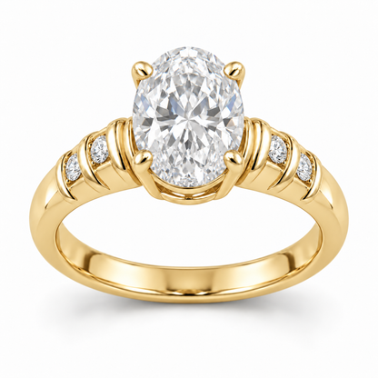 [metal:yellow-gold] Nolene Shutter Pave Setting — front — One oval centre in four claws on an open oval basket. Each solid tapered shoulder has three short transverse polished shutter ridges, with exactly one flush-set round diamond recessed between adjacent ridges: two accents per shoulder, four total. Plain lower shank. Ridges follow band curvature, not stacked floating bands. [catalog-v4]