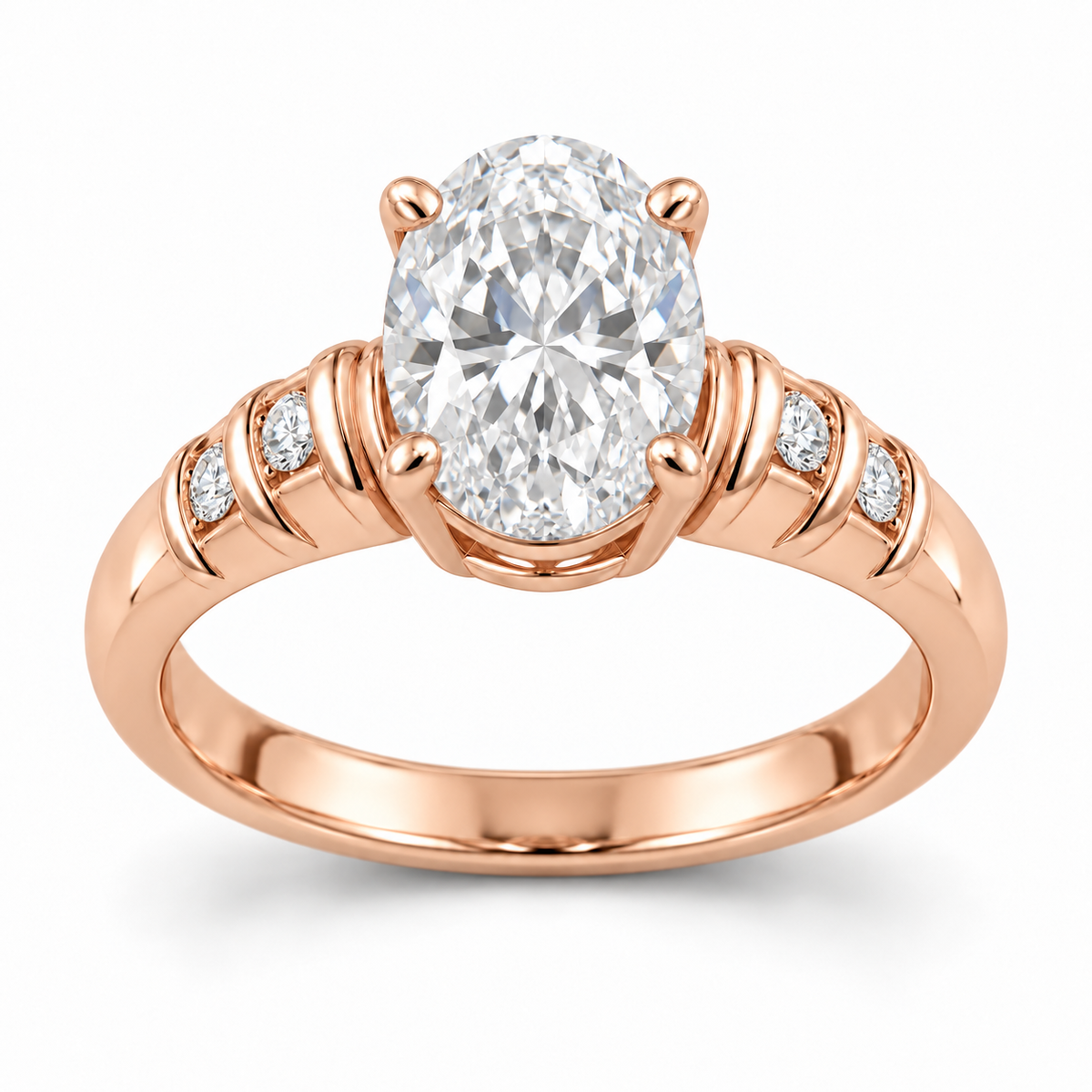 [metal:rose-gold] Nolene Shutter Pave Setting — front — One oval centre in four claws on an open oval basket. Each solid tapered shoulder has three short transverse polished shutter ridges, with exactly one flush-set round diamond recessed between adjacent ridges: two accents per shoulder, four total. Plain lower shank. Ridges follow band curvature, not stacked floating bands. [catalog-v4]