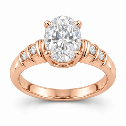 [metal:rose-gold] Nolene Shutter Pave Setting — front — One oval centre in four claws on an open oval basket. Each solid tapered shoulder has three short transverse polished shutter ridges, with exactly one flush-set round diamond recessed between adjacent ridges: two accents per shoulder, four total. Plain lower shank. Ridges follow band curvature, not stacked floating bands. [catalog-v4]