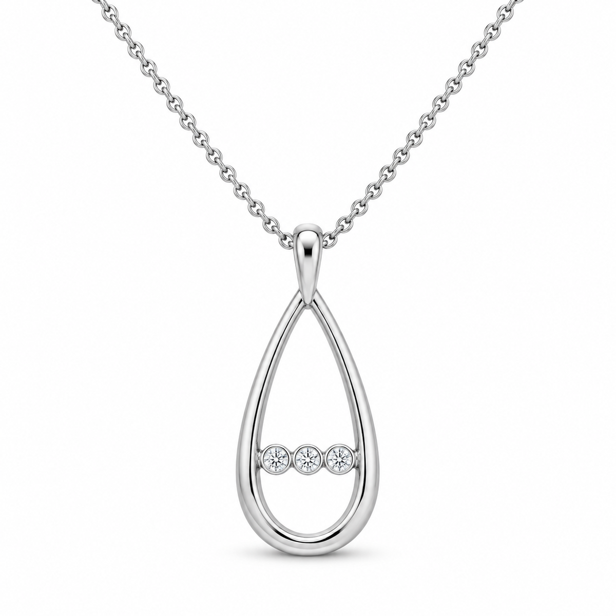 [metal:white-gold] Nymelle Raindrop Bridge Necklace — front — One vertical open polished elongated teardrop frame, with exactly three tiny round diamonds flush-set in a short horizontal metal bridge crossing its lower third. Fine chain attached to small upper bail. Not a diamond teardrop centre. [catalog-v4]