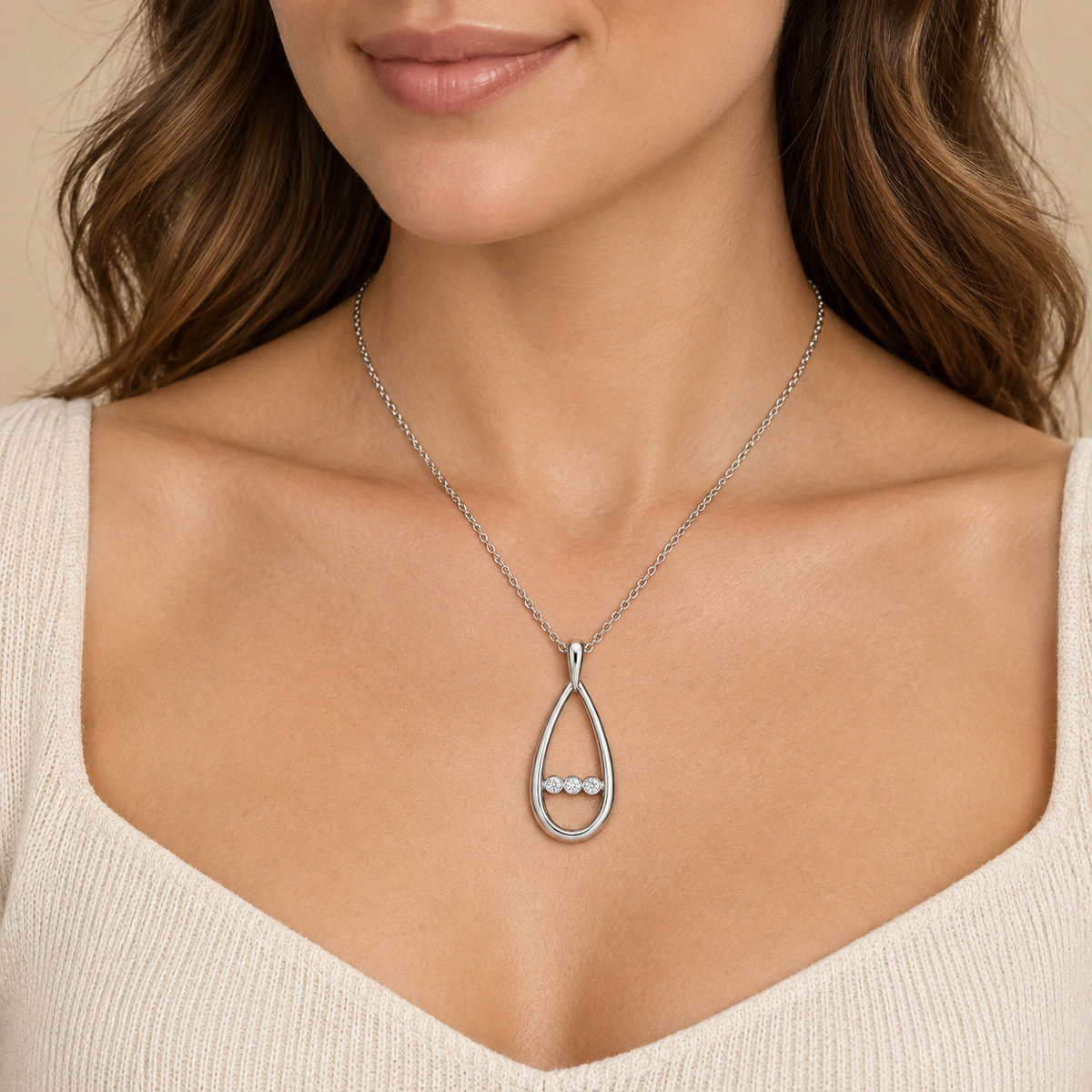 [metal:white-gold] Nymelle Raindrop Bridge Necklace — worn — Same design shown worn [catalog-v4]