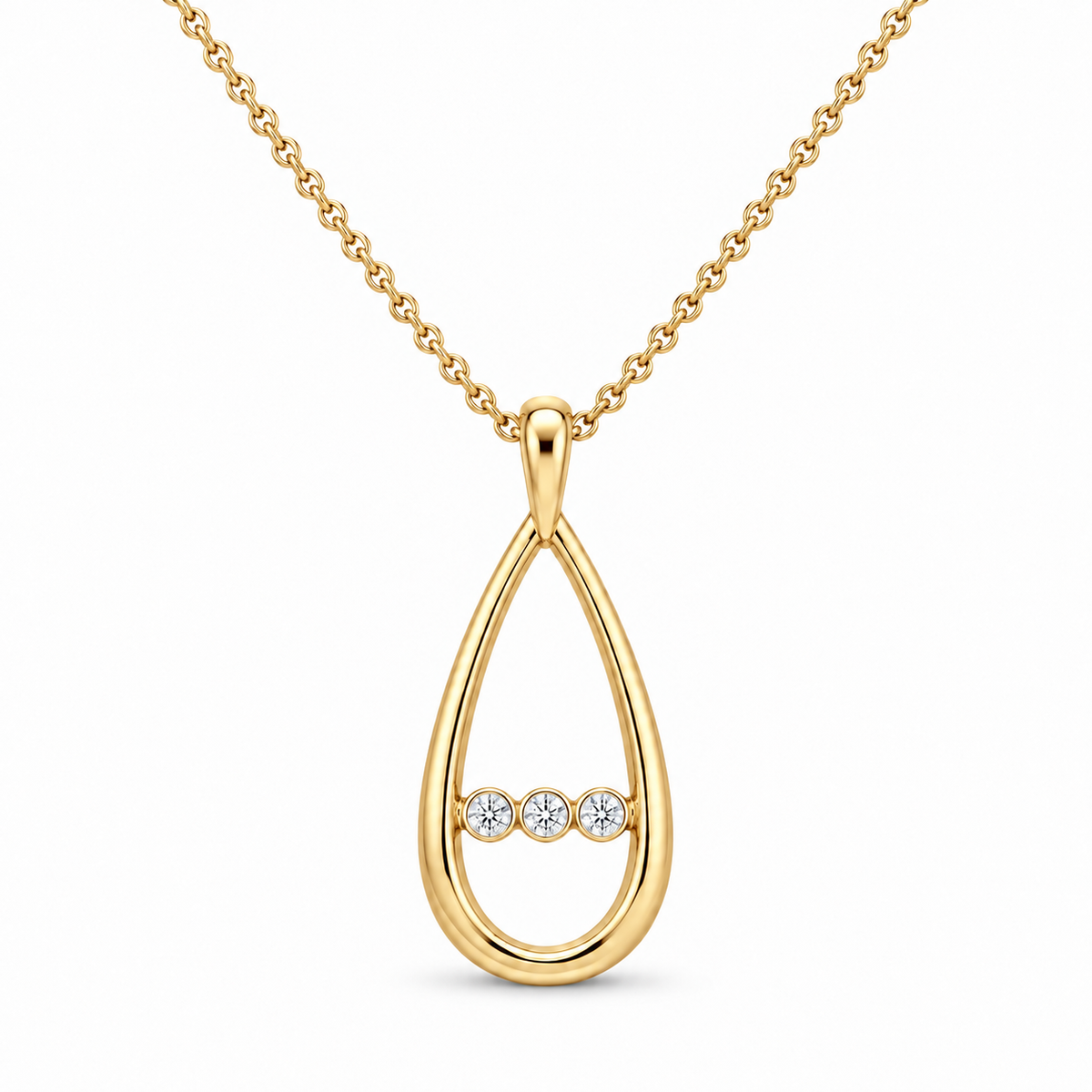 [metal:yellow-gold] Nymelle Raindrop Bridge Necklace — front — One vertical open polished elongated teardrop frame, with exactly three tiny round diamonds flush-set in a short horizontal metal bridge crossing its lower third. Fine chain attached to small upper bail. Not a diamond teardrop centre. [catalog-v4]