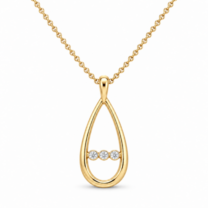 [metal:yellow-gold] Nymelle Raindrop Bridge Necklace — front — One vertical open polished elongated teardrop frame, with exactly three tiny round diamonds flush-set in a short horizontal metal bridge crossing its lower third. Fine chain attached to small upper bail. Not a diamond teardrop centre. [catalog-v4]