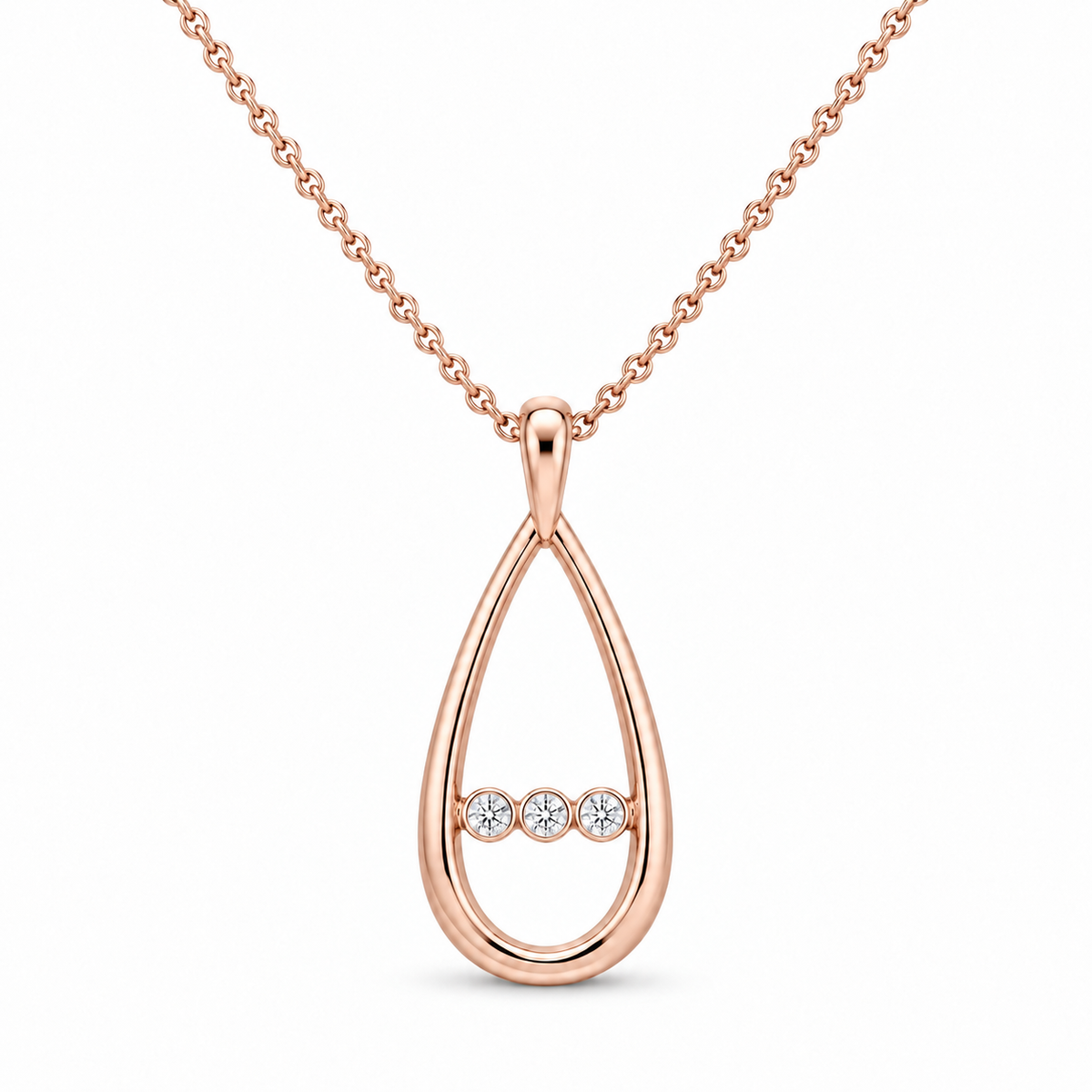 [metal:rose-gold] Nymelle Raindrop Bridge Necklace — front — One vertical open polished elongated teardrop frame, with exactly three tiny round diamonds flush-set in a short horizontal metal bridge crossing its lower third. Fine chain attached to small upper bail. Not a diamond teardrop centre. [catalog-v4]
