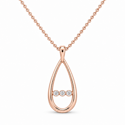 [metal:rose-gold] Nymelle Raindrop Bridge Necklace — front — One vertical open polished elongated teardrop frame, with exactly three tiny round diamonds flush-set in a short horizontal metal bridge crossing its lower third. Fine chain attached to small upper bail. Not a diamond teardrop centre. [catalog-v4]