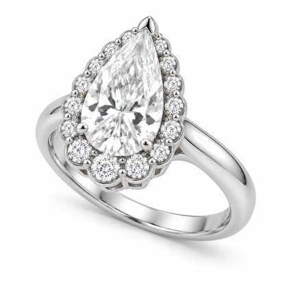 [metal:white-gold] Odessa Petal-Crown Halo Setting — three-quarter — Original setting design illustration [catalog-v4]