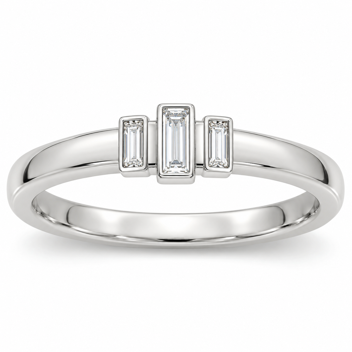 [metal:white-gold] Olivienne Baguette Crown Band — front — Womens closed continuous narrow straight wedding band with exactly three north-south baguette diamonds in three slim separate rectangular bezels across top, centre baguette slightly raised and longer, two smaller flanking baguettes, all upright parallel. Plain smooth lower band. No round diamonds. [catalog-v4]
